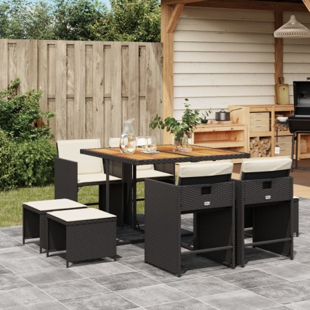 Set de comedor de jardín 9 pzas y cojines ratán sintético negro de vidaXL, Conjuntos de jardín - Ref: Foro24-3277910, Precio:...