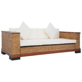 Sofá de 3 plazas con cojines ratán natural marrón de vidaXL, Sofás - Ref: Foro24-283080, Precio: 586,18 €, Descuento: %