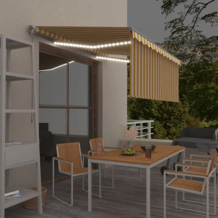Manual retractable awning with yellow and white blinds 3.5x2.5 m by vidaXL, Awnings - Ref: Foro24-3069403, Price: 473,29 €, D...