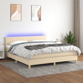 Cama box spring con colchón y LED tela crema 160x200 cm de , Camas y somieres - Ref: Foro24-3133890, Precio: 505,66 €, Descue...