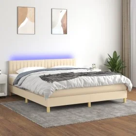Box spring bed with mattress and LED cream fabric 180x200 cm by , Beds and slatted bases - Ref: Foro24-3133898, Price: 572,05...