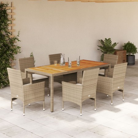 Set de comedor jardín 7 pzas con cojines ratán PE acacia beige de , Conjuntos de jardín - Ref: Foro24-3278685, Precio: 554,14...