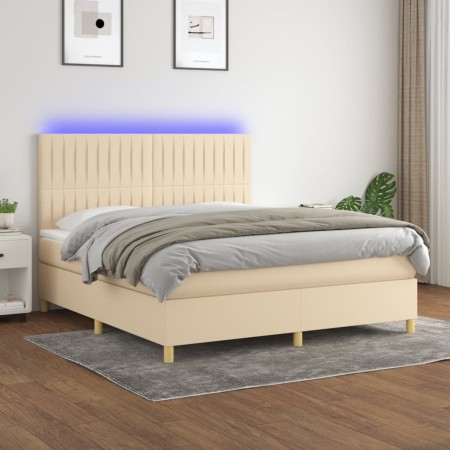 Cama box spring colchón y luces LED tela crema 180x200 cm de , Camas y somieres - Ref: Foro24-3135618, Precio: 659,60 €, Desc...