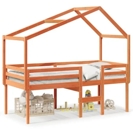 Cama alta con techo madera maciza de pino marrón cera 90x200 cm de , Camas y somieres - Ref: Foro24-3282054, Precio: 220,35 €...