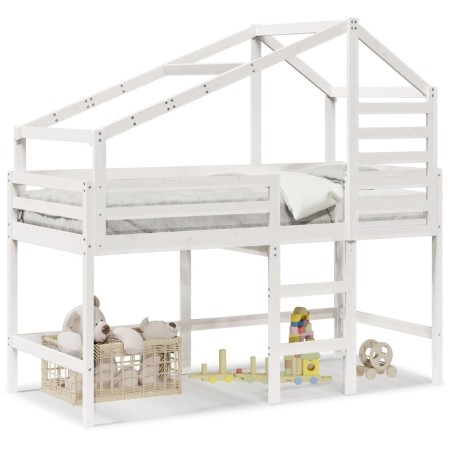 Cama alta escalera y techo madera maciza pino blanca 80x200 cm de , Camas y somieres - Ref: Foro24-3281987, Precio: 244,71 €,...
