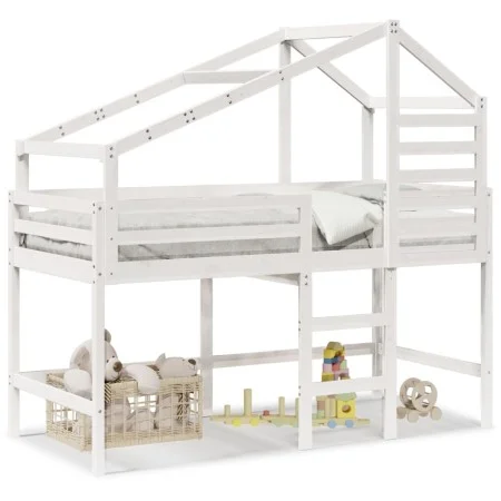 Cama alta escalera y techo madera maciza pino blanca 80x200 cm de , Camas y somieres - Ref: Foro24-3281987, Precio: 241,49 €,...