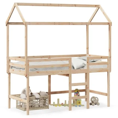 Cama alta con escalera y techo madera maciza de pino 90x200 cm de , Camas y somieres - Ref: Foro24-3282144, Precio: 246,78 €,...