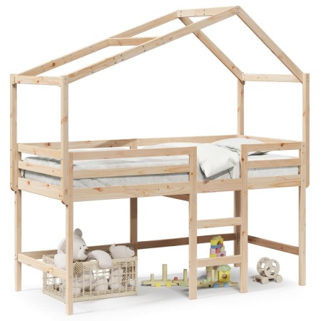 Cama alta con escalera y techo madera maciza de pino 90x200 cm de , Camas y somieres - Ref: Foro24-3282064, Precio: 233,87 €,...