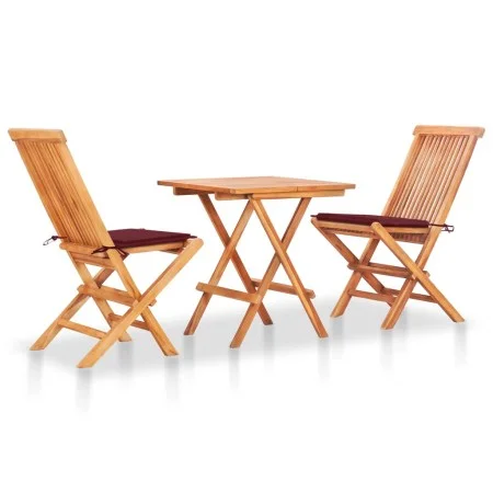 Set de bistró 3 pzas con cojines rojo tinto madera maciza teca de , Conjuntos de jardín - Ref: Foro24-3063234, Precio: 203,56...