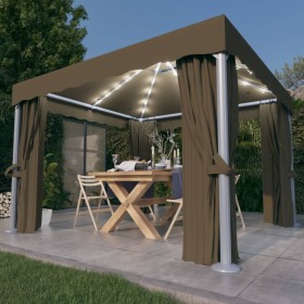 Cenador con cortina y tira de luz LED aluminio taupé 3x3 m de , Carpas y cenadores - Ref: Foro24-3070349, Precio: 449,66 €, D...