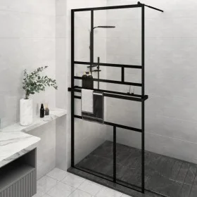 Mampara ducha con estante vidrio ESG y aluminio negro 115x195cm de , Paredes y mamparas de ducha - Ref: Foro24-3185481, Preci...