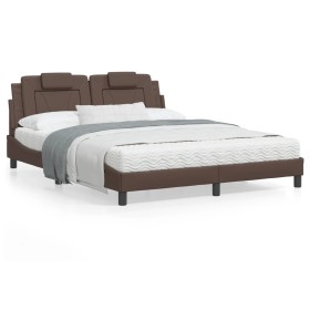 Estructura de cama con luces LED cuero PE marrón 160x200 cm de , Camas y somieres - Ref: Foro24-3214031, Precio: 245,07 €, De...