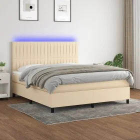 Cama box spring colchón y luces LED tela crema 180x200 cm de , Camas y somieres - Ref: Foro24-3135058, Precio: 642,76 €, Desc...