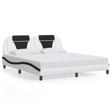 Estructura cama con luces LED cuero PE blanco negro 180x200 cm de , Camas y somieres - Ref: Foro24-3214042, Precio: 264,60 €,...