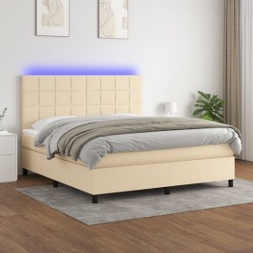 Cama box spring colchón y luces LED tela crema 180x200 cm de , Camas y somieres - Ref: Foro24-3134898, Precio: 647,28 €, Desc...