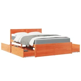 Cama con cajones y colchón madera pino marrón cera 140x190 cm de , Camas y somieres - Ref: Foro24-3281912, Precio: 489,35 €, ...