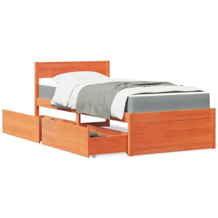Cama con cajones y colchón madera maciza pino marrón 100x200 cm de , Camas y somieres - Ref: Foro24-3281906, Precio: 343,29 €...
