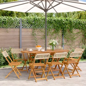 Sillas de jardín plegables 8 uds madera maciza y ratán PE beige de , Sillas de jardín - Ref: Foro24-3214600, Precio: 323,49 €...