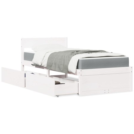 Cama con cajones y colchón madera maciza pino blanco 90x200 cm de , Camas y somieres - Ref: Foro24-3281908, Precio: 313,34 €,...