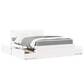 Cama con cajones y colchón madera maciza pino blanco 140x190 cm de , Camas y somieres - Ref: Foro24-3281911, Precio: 500,98 €...