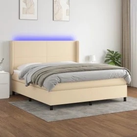 Cama box spring colchón y luces LED tela crema 180x200 cm de , Camas y somieres - Ref: Foro24-3138178, Precio: 645,47 €, Desc...