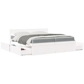 Cama con cajones y colchón madera maciza pino blanca 200x200 cm de , Camas y somieres - Ref: Foro24-3281887, Precio: 722,75 €...