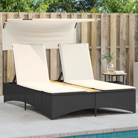 Tumbona doble con capota y cojines ratán sintético negro de , Tumbonas - Ref: Foro24-365621, Precio: 264,52 €, Descuento: %