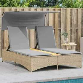 Tumbona doble con capota y cojines ratán sintético beige mix de , Tumbonas - Ref: Foro24-365623, Precio: 360,45 €, Descuento: %