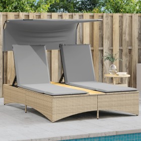 Tumbona doble con capota y cojines ratán sintético beige mix de , Tumbonas - Ref: Foro24-365623, Precio: 369,00 €, Descuento: %