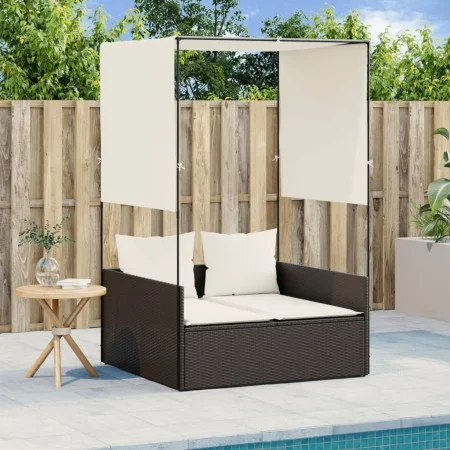 Tumbona doble con techo y cortinas ratán sintético marrón by , Loungers - Ref: Foro24-4002756, Price: 229,68 €, Discount: %