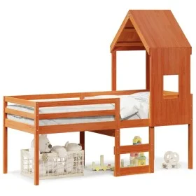 High bed with solid pine wood roof in brown wax 80x200 cm by , Beds and slatted bases - Ref: Foro24-3282012, Price: 241,73 €,...