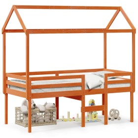 Cama alta con techo madera maciza de pino marrón cera 90x200 cm de , Camas y somieres - Ref: Foro24-3282134, Precio: 243,88 €...
