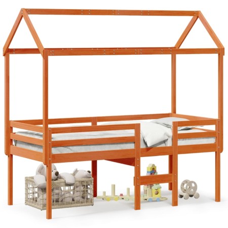 Cama alta con techo madera maciza de pino marrón cera 90x200 cm de , Camas y somieres - Ref: Foro24-3282134, Precio: 243,88 €...