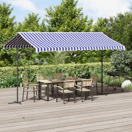 Toldo de pie tela y acero azul y blanco 400x300 cm de , Sombrillas - Ref: Foro24-368932, Precio: 267,06 €, Descuento: %