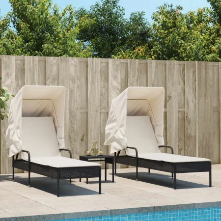 Tumbonas con capota y mesa 2 uds ratán sintético negro de , Tumbonas - Ref: Foro24-3261569, Precio: 389,15 €, Descuento: %