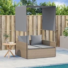 Tumbona doble con techo y cortinas ratán sintético beige de , Tumbonas - Ref: Foro24-4002758, Precio: 229,68 €, Descuento: %