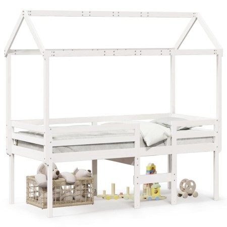 Cama alta con techo blanca madera maciza pino blanca 90x200 cm de , Camas y somieres - Ref: Foro24-3282133, Precio: 282,28 €,...