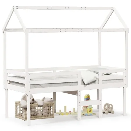 Cama alta con techo blanca madera maciza pino blanca 90x200 cm de , Camas y somieres - Ref: Foro24-3282133, Precio: 277,25 €,...