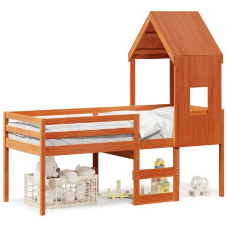Cama alta con techo madera maciza de pino marrón cera 90x200 cm de , Camas y somieres - Ref: Foro24-3282015, Precio: 253,02 €...