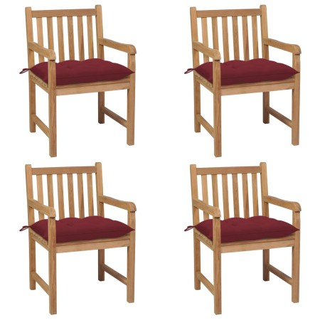 Sillas de jardín 4 uds madera de teca con cojines rojo tinto de , Sillas de jardín - Ref: Foro24-3073028, Precio: 630,68 €, D...