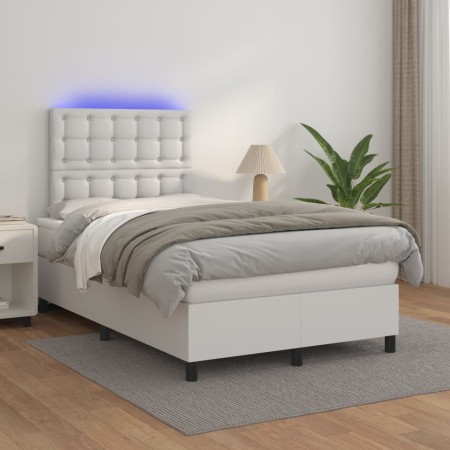 Cama box spring colchón y LED cuero sintético blanco 120x200 cm de , Camas y somieres - Ref: Foro24-3135934, Precio: 428,36 €...