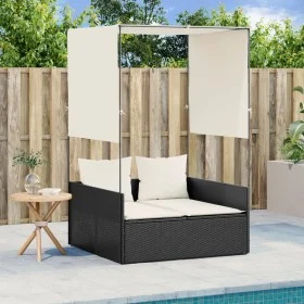 Tumbona doble con techo y cortinas ratán sintético negro de , Tumbonas - Ref: Foro24-4002755, Precio: 226,25 €, Descuento: %