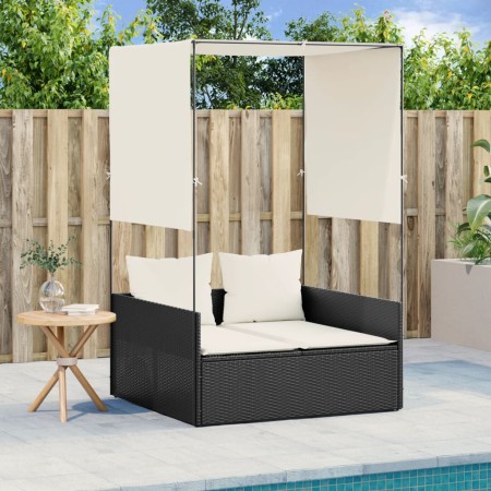 Tumbona doble con techo y cortinas ratán sintético negro de , Tumbonas - Ref: Foro24-4002755, Precio: 230,23 €, Descuento: %