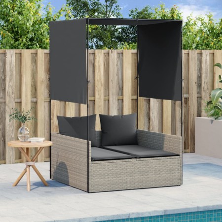 Tumbona doble con techo y cortinas ratán sintético gris claro de , Tumbonas - Ref: Foro24-4002760, Precio: 233,72 €, Descuent...