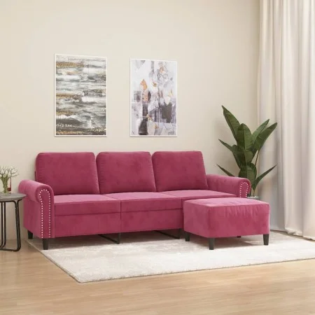 Sofá de 3 plazas con taburete de terciopelo rojo tinto 180 cm de , Sofás - Ref: Foro24-3201219, Precio: 337,43 €, Descuento: %