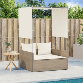 Tumbona doble con techo y cortinas ratán sintético beige de , Tumbonas - Ref: Foro24-4002759, Precio: 233,72 €, Descuento: %