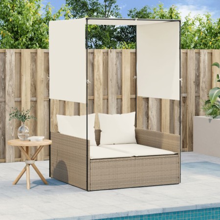 Tumbona doble con techo y cortinas ratán sintético beige de , Tumbonas - Ref: Foro24-4002759, Precio: 233,72 €, Descuento: %