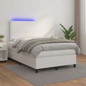 Cama box spring colchón y LED cuero sintético blanco 120x200 cm de , Camas y somieres - Ref: Foro24-3135874, Precio: 415,91 €...