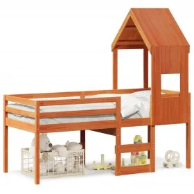 Cama alta con techo madera maciza de pino marrón cera 75x190 cm de , Camas y somieres - Ref: Foro24-3282021, Precio: 229,37 €...