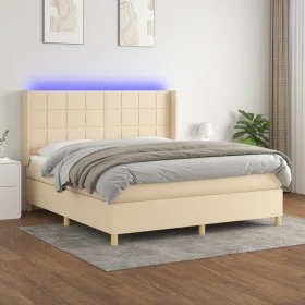 Cama box spring colchón y luces LED tela crema 180x200 cm de , Camas y somieres - Ref: Foro24-3138898, Precio: 647,66 €, Desc...